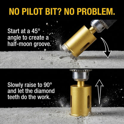 How to start a masonry hole saw without a pilot bit: begin at 45 degrees, then raise to 90