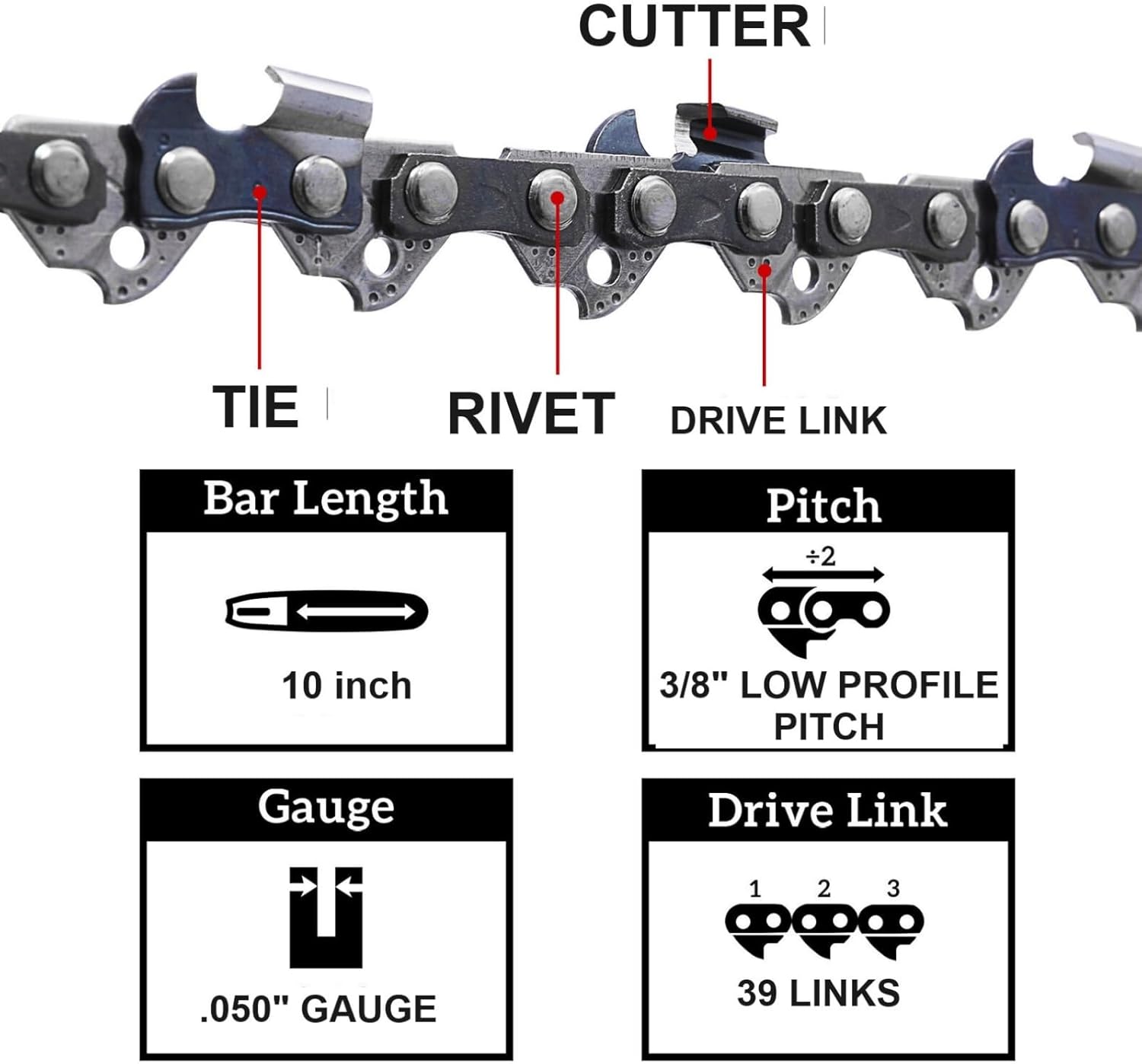 Drilax remington pole saw chain close up of cutters rivets and drive links with specs 10 inch bar 0.050 inch gauge 39 links