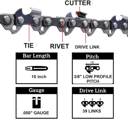 Drilax remington pole saw chain close up of cutters rivets and drive links with specs 10 inch bar 0.050 inch gauge 39 links
