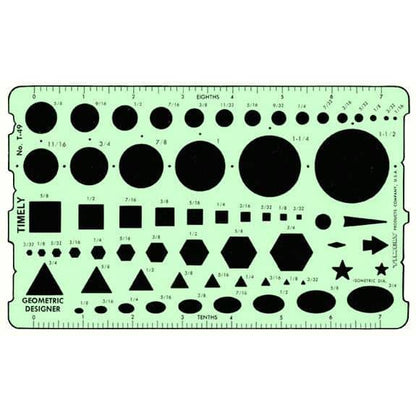 Timely 49T geometric drafting template with circles, squares, triangles and hexagons
