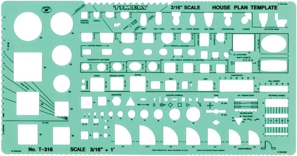 Timely T-316 house plan drafting template, 3/16 inch scale