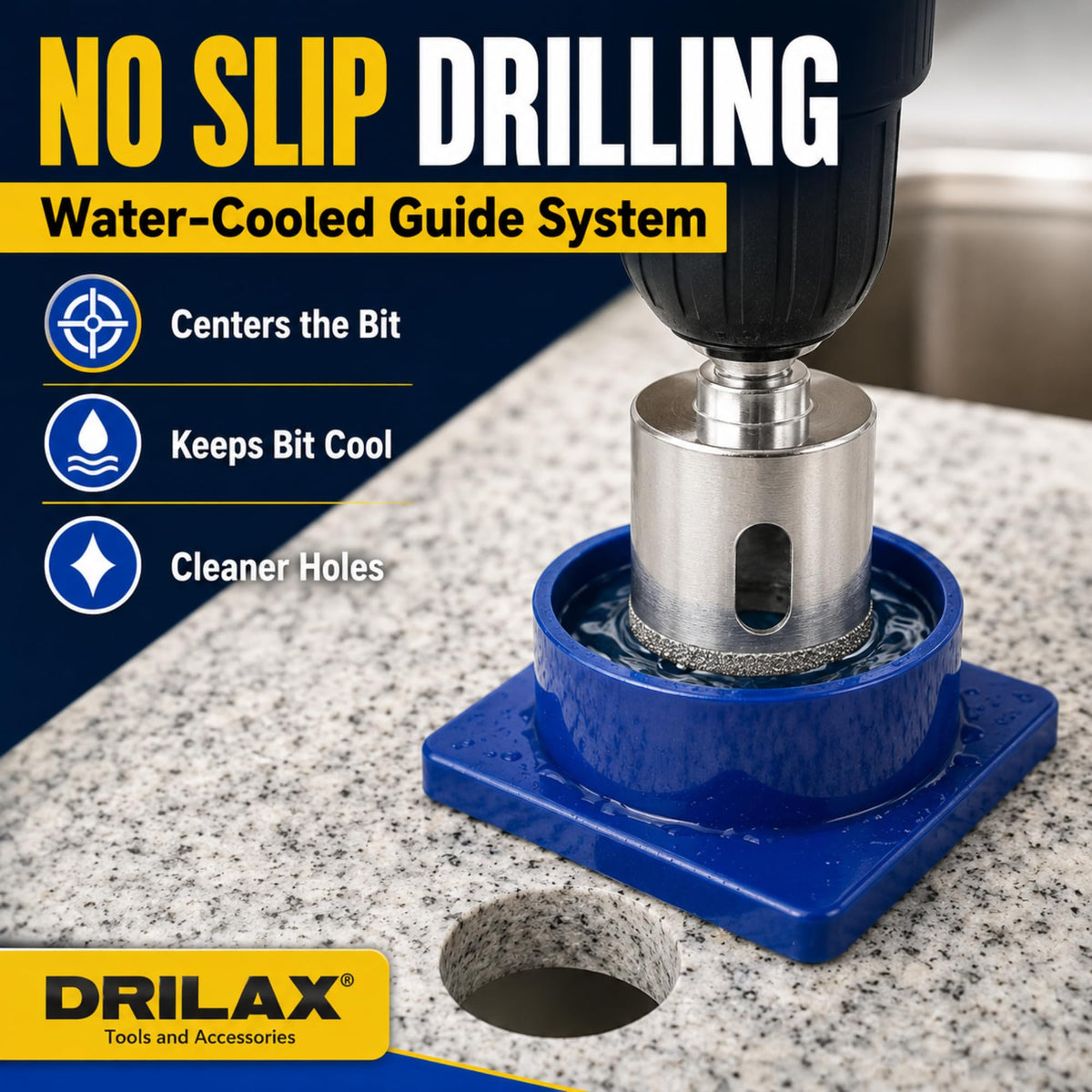 Water-cooled guide centers the bit and keeps it cool while drilling a granite countertop