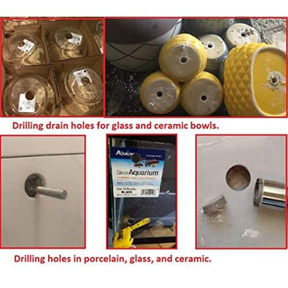 Diamond drill bits drilling drain holes in glass and ceramic bowls, porcelain and tile