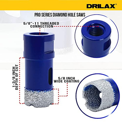 Pro Series hole saw: 5/8-11 threaded connection, 1-3/8 inch depth of cut, 5/8 inch wide coating
