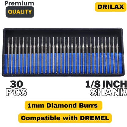 1mm Diamond Drill Bit Set Jewelry Beach Sea Glass Shells Gemstones 1/24 Inch Tip Bur 1/8 inch Shank Dremel Compatible Burr Lapidary 30 Pieces in Case Gems Natural Stones Drilling 1 mm