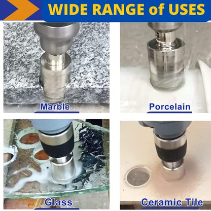 DRILAX 4.5 inch tile hole saw for ceramic shown in action on marble, porcelain, glass, and ceramic tile