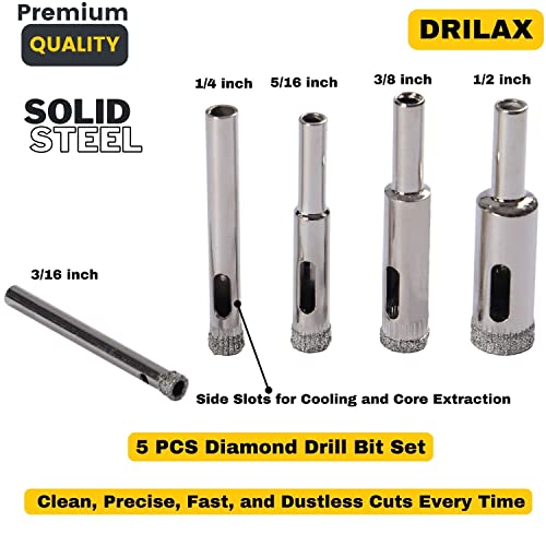 Drilax Diamond Drill Bit Set 3/16, 1/4, 5/16, 3/8, 1/2 Inch Drilling Tile Glass Fish Tank Granite Ceramic Porcelain 5 Pieces Pack