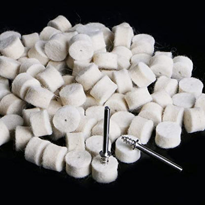 Drilax 100 Pcs 1/2 x 3/8 inch Wool Felt Pad Included 2 Screw Mandrels 401 Compatible Dremel 414 Polishing Wheel Buffing Rotary Tools Attachment
