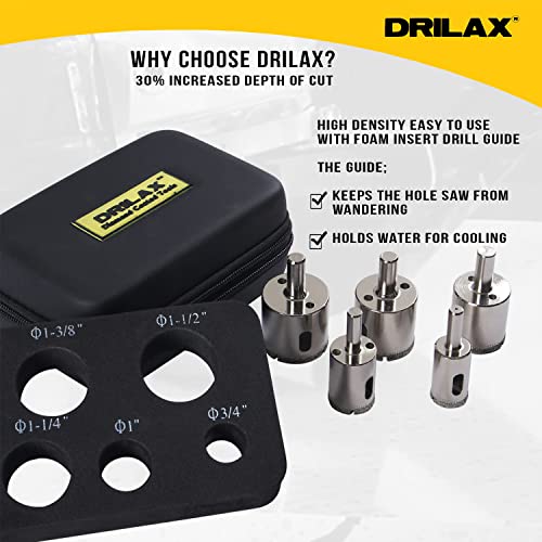 Drilax Diamond Drill Bit Hole Saw Extra Tall Long Drilling Quartz Granite Countertop Ceramic Porcelain Tile Glass 3/4, 1, 1/4, 3/8, 1 1/2 Inch 5 Pieces Set
