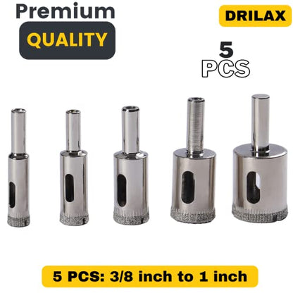 Drilax Diamond Drill Bit Hole Saw Drilling 3/8 1/2 5/8 3/4 1 Granite Ceramic Porcelain Tiles Pot Glass Bottle Lamp Quartz Slate Set 5 Pieces