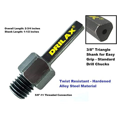 Drilax Core Drill Bit Arbor Adapter for Threaded Diamond Hole Saw 3/8" Triangle to 5/8" 11 Male Drill Sanding Attachment Arbor Shaft Adapter drilax-tools