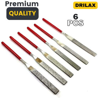 Diamond Coated File Set Grit 40 80 150 240 400 600 Flat, Wide and Heavy Weight Thick Blades Handles Professional Quality High Density Diamond Coating Glass Jewelry Tool Sharpening drilax-tools