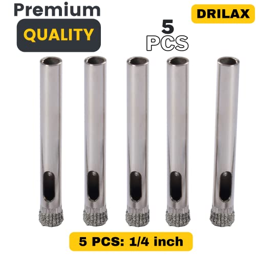 Drilax Diamond Drill Bit 1/4 Inch Ceramic Porcelain Tile Glass Bottle Granite Hole Saw 0.25 inch Five Pack