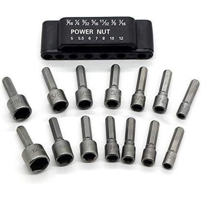 Drilax 14 Pcs Quick-Change Power Nut Driver Standard Metric Hex Shank Drill Bit Set Socket Screwdriver Wrench 3/16, 1/4, 9/32, 5/16, 11/32, 3/8, 7/16 inch 5, 5.5, 6, 7, 8, 10, 12 mm
