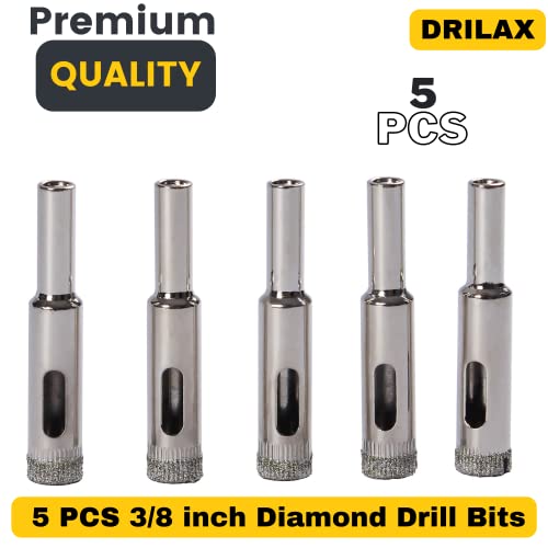 Drilax Diamond Drill Bit Set 3/8 Inch Ceramic Porcelain Tile Glass Bottle Granite Hole Saw 5 Pieces Pack