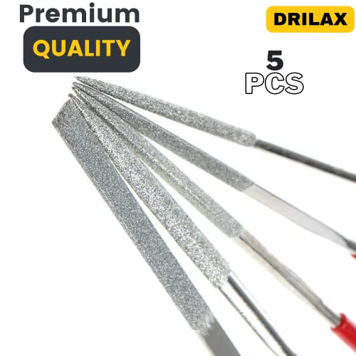 DRILAX Diamond Coated Needle File Set 5 Pcs 5-1/2″ Long Sharpening Tool Kit Various Shapes