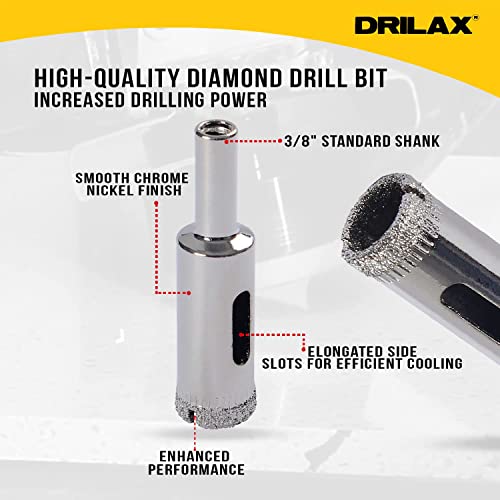 Drilax 5 Pcs Diamond Drill Bit Set 1/2" 0.5 in Wet Use for Tiles, Glass, Fish Tanks, Marble Granite Ceramic Porcelain Bottles Quartz Coated Kitchen Bathroom Shower Lamps