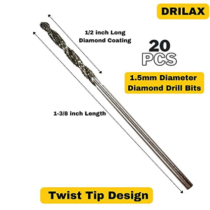 Diamond Drill Bit 1.5mm Set 20 Pcs Jewelry Beach Sea Glass Shells Gemstones 20 Pieces Twist Bits Kit Pack by Drilax drilax-tools