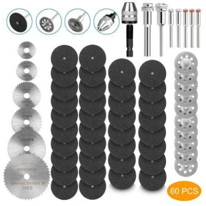 Cutting Wheel Set 60 pcs for Rotary Tool Compatible Dremel HSS Circular Saw Blades Diamond Wheels Cut Off 1/8’’ Shank Mandrels with Keyless Chuck