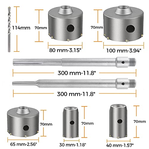 Concrete Hole Saw Set 9 Pcs SDS Plus SDS Max Shank for Concrete Brick Wall Cinder Block Pavement Stone 1-3/16 1-5/8 inch 2-1/2 inch 3-1/8 inch 4 inch Pilot Drill Bits drilax-tools