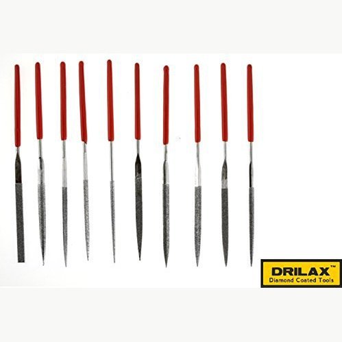 Drilax Diamond Coated Needle File Set 10 Pieces 5-1/2″ Long Sharpening Tool Kit Various Shapes