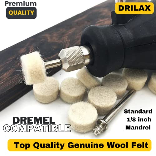 Drilax 100 Pcs 1/2 x 3/8 inch Wool Felt Pad Included 2 Screw Mandrels 401 Compatible Dremel 414 Polishing Wheel Buffing Rotary Tools Attachment