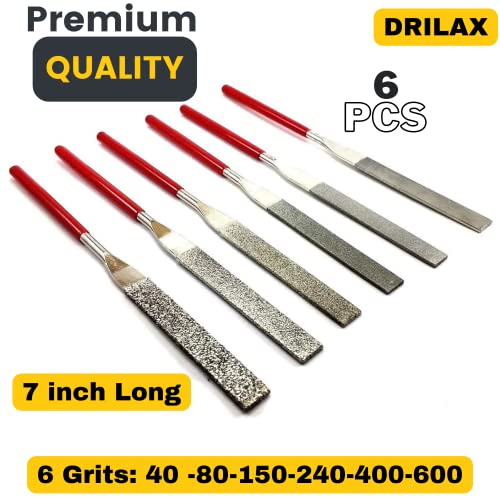Diamond Coated File Set Grit 40 80 150 240 400 600 Flat, Wide and Heavy Weight Thick Blades Handles Professional Quality High Density Diamond Coating Glass Jewelry Tool Sharpening