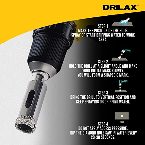 Drilax 5 Pcs Diamond Drill Bit Set 1/2" 0.5 in Wet Use for Tiles, Glass, Fish Tanks, Marble Granite Ceramic Porcelain Bottles Quartz Coated Kitchen Bathroom Shower Lamps