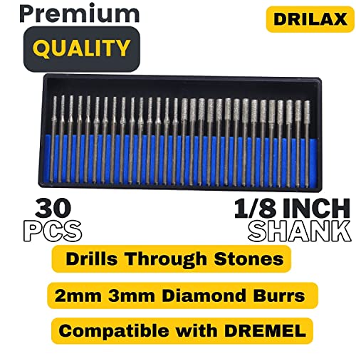 Drilax 30 pcs Set 2mm and 3mm Mix Diamond Drill Bit Cylindrical Bur Kit Jewelry Beach Sea Glass Shells Gemstones Lapidary Shank 1/8 inch
