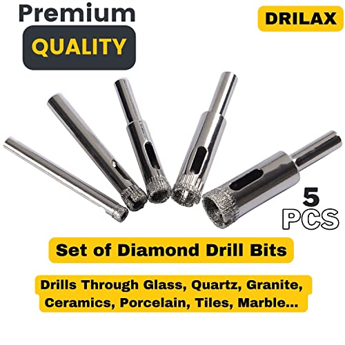 Drilax Diamond Drill Bit Set 3/16, 1/4, 5/16, 3/8, 1/2 Inch Drilling Tile Glass Fish Tank Granite Ceramic Porcelain 5 Pieces Pack