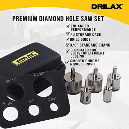 Diamond Drill Bit Tile Hole Saw 3/4 1 inch, 1-1/4, 1-1/2, 1-3/4 Inch Ceramic Porcelain Glass Granite Quartz Insert Guide Included Tall Long 5 Pcs Set Drilax