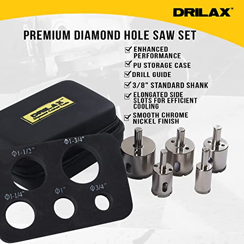 Diamond Drill Bit Tile Hole Saw 3/4 1 inch, 1-1/4, 1-1/2, 1-3/4 Inch Ceramic Porcelain Glass Granite Quartz Insert Guide Included Tall Long 5 Pcs Set Drilax