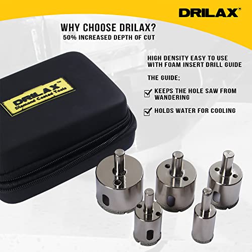 Diamond Drill Bit Tile Hole Saw 3/4 1 inch, 1-1/4, 1-1/2, 1-3/4 Inch Ceramic Porcelain Glass Granite Quartz Insert Guide Included Tall Long 5 Pcs Set Drilax