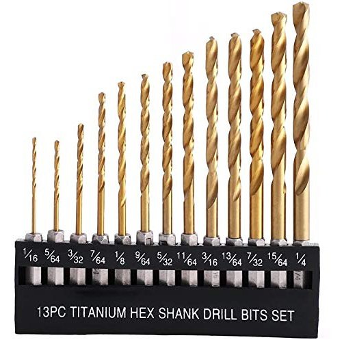 Hex Drill Bit Set 13Pcs Quick Change Shank Premium HSS Titanium Wood Steel Metal Plastic Improved Design 1/16” to 1/4” Holder Included