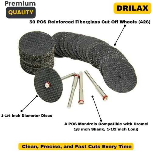 Fiberglass Reinforced Cut-Off Wheels 50 Pieces 1 1/4 inch Diameter Abrasive Cutting Tool Disc 4 402 Mandrels Included Rotary Discs Compatible with Dremel 426 426b