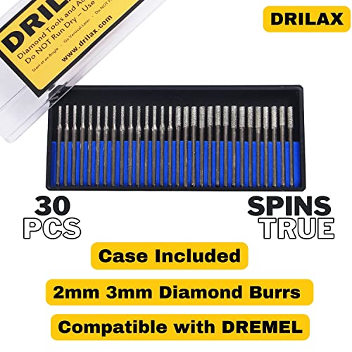 Drilax 30 pcs Set 2mm and 3mm Mix Diamond Drill Bit Cylindrical Bur Kit Jewelry Beach Sea Glass Shells Gemstones Lapidary Shank 1/8 inch