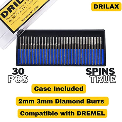 Drilax 30 pcs Set 2mm and 3mm Mix Diamond Drill Bit Cylindrical Bur Kit Jewelry Beach Sea Glass Shells Gemstones Lapidary Shank 1/8 inch