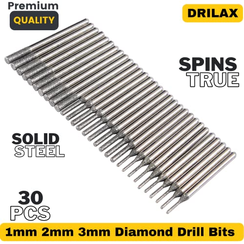 30 pcs Set 1mm 10pcs. 2mm 10 pcs. 3mm Diamond Drill Bit Cylindrical Burr Kit Jewelry Beach Sea Glass Shells Gemstones Gems Lapidary Compatible with Dremel 30pcs. 1 2 3 mm 1/8"