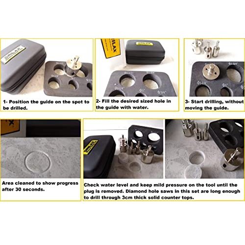Diamond Drill Bit Tile Hole Saw 3/4 1 inch, 1-1/4, 1-1/2, 1-3/4 Inch Ceramic Porcelain Glass Granite Quartz Insert Guide Included Tall Long 5 Pcs Set Drilax