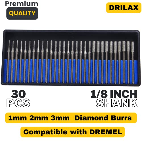 30 pcs Set 1mm 10pcs. 2mm 10 pcs. 3mm Diamond Drill Bit Cylindrical Burr Kit Jewelry Beach Sea Glass Shells Gemstones Gems Lapidary Compatible with Dremel 30pcs. 1 2 3 mm 1/8"