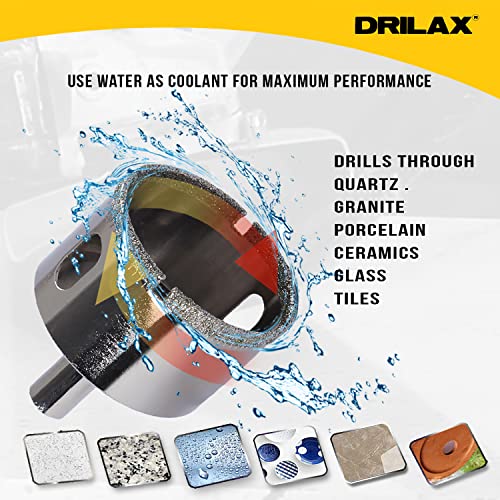 Drilax 5/8 Inch Diamond Hole Saw Drill Bit Tiles, Glass, Fish Tanks, Marble, Granite Countertop, Ceramic, Porcelain, Coated Core Bits Holesaw DIY Kitchen, Bathroom, Shower, Faucet Installation Size 1 5/8" Inches