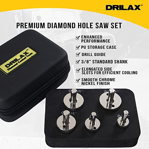 Drilax Diamond Drill Bit Hole Saw Extra Tall Long Drilling Quartz Granite Countertop Ceramic Porcelain Tile Glass 3/4, 1, 1/4, 3/8, 1 1/2 Inch 5 Pieces Set