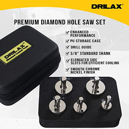 Drilax Diamond Drill Bit Hole Saw Extra Tall Long Drilling Quartz Granite Countertop Ceramic Porcelain Tile Glass 3/4, 1, 1/4, 3/8, 1 1/2 Inch 5 Pieces Set
