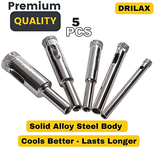 Drilax Diamond Drill Bit Set 3/16, 1/4, 5/16, 3/8, 1/2 Inch Drilling Tile Glass Fish Tank Granite Ceramic Porcelain 5 Pieces Pack