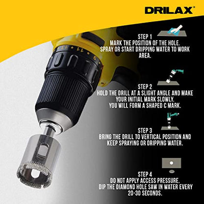 Drilax 1 Inch Diamond Hole Saw Bit Tiles, Glass, Fish Tanks, Marble, Granite Countertop, Ceramic, Porcelain Core Holesaw Drill Terra COTA Flower Pot Drain Holes DIY Size