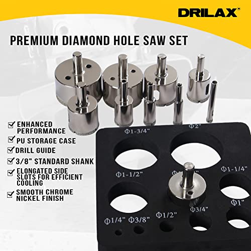 Drill Bit Diamond Hole Saw Set 10 Pieces 1/2 0.5 Inch , 1, 1/4, 3/8, 1/2, 1 3/4, 2 inches Kitchen Bath Faucet Drilling Ceramic Porcelain Tiles Glass Granite Quartz