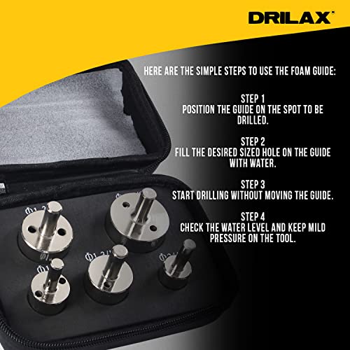 Diamond Drill Bit Tile Hole Saw 3/4 1 inch, 1-1/4, 1-1/2, 1-3/4 Inch Ceramic Porcelain Glass Granite Quartz Insert Guide Included Tall Long 5 Pcs Set Drilax