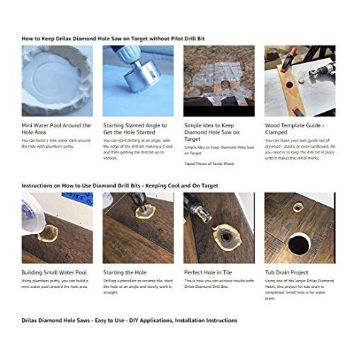 Drilax Diamond Drill Bit Set 1/4, 1/2, 3/4 Inch Drilling Tile Glass Fish Tank Granite Quartz Ceramic Porcelain Bottle Lamps Flower Pot Drain 3 Pieces