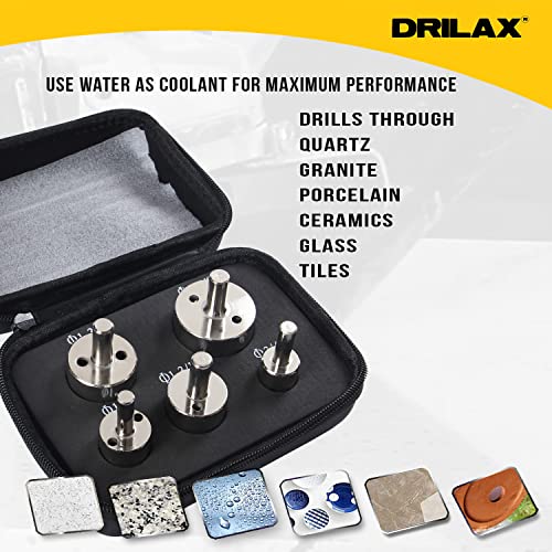 Diamond Drill Bit Tile Hole Saw 3/4 1 inch, 1-1/4, 1-1/2, 1-3/4 Inch Ceramic Porcelain Glass Granite Quartz Insert Guide Included Tall Long 5 Pcs Set Drilax