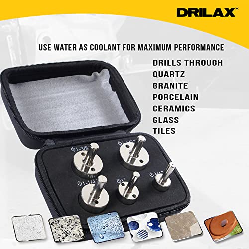 Drilax Diamond Drill Bit Hole Saw Extra Tall Long Drilling Quartz Granite Countertop Ceramic Porcelain Tile Glass 3/4, 1, 1/4, 3/8, 1 1/2 Inch 5 Pieces Set